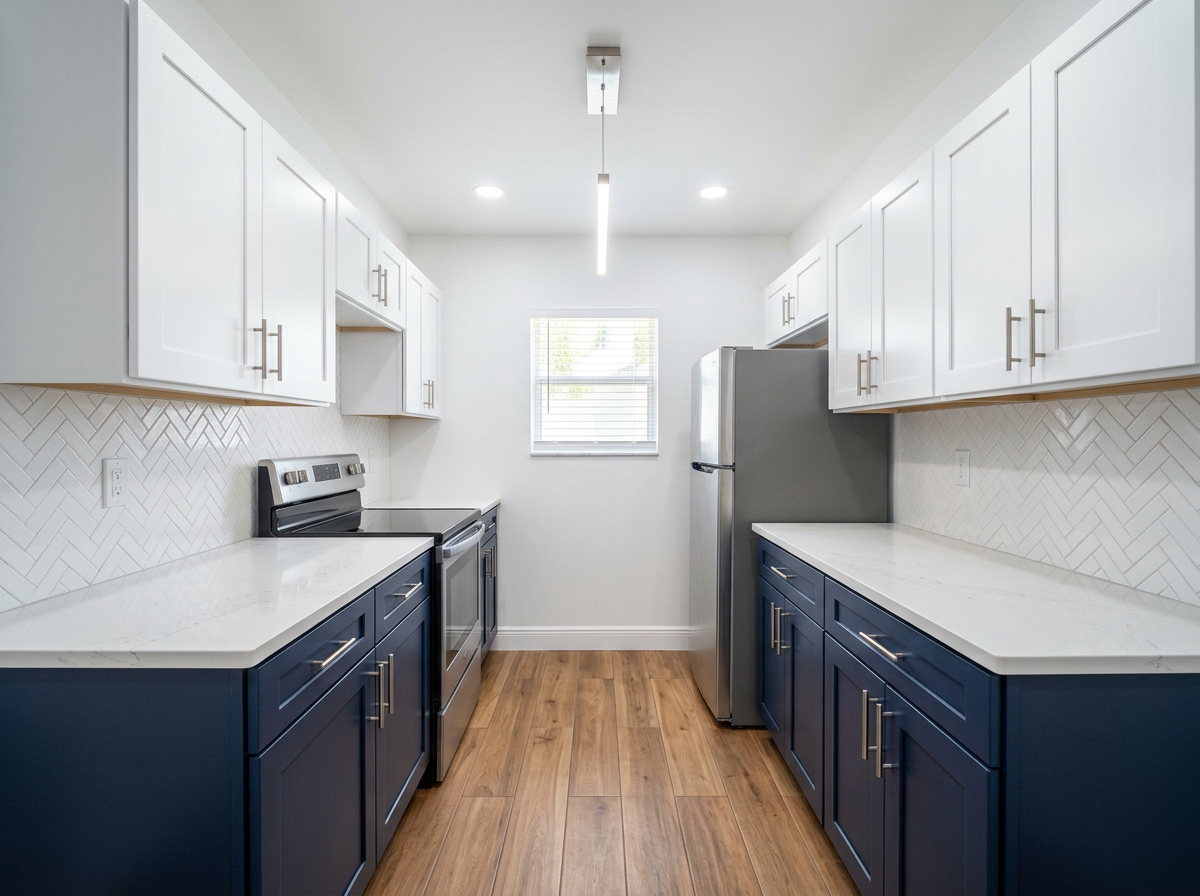 Renovated Miami galley kitchen with navy lower cabinets, white uppers, and wood-look floors