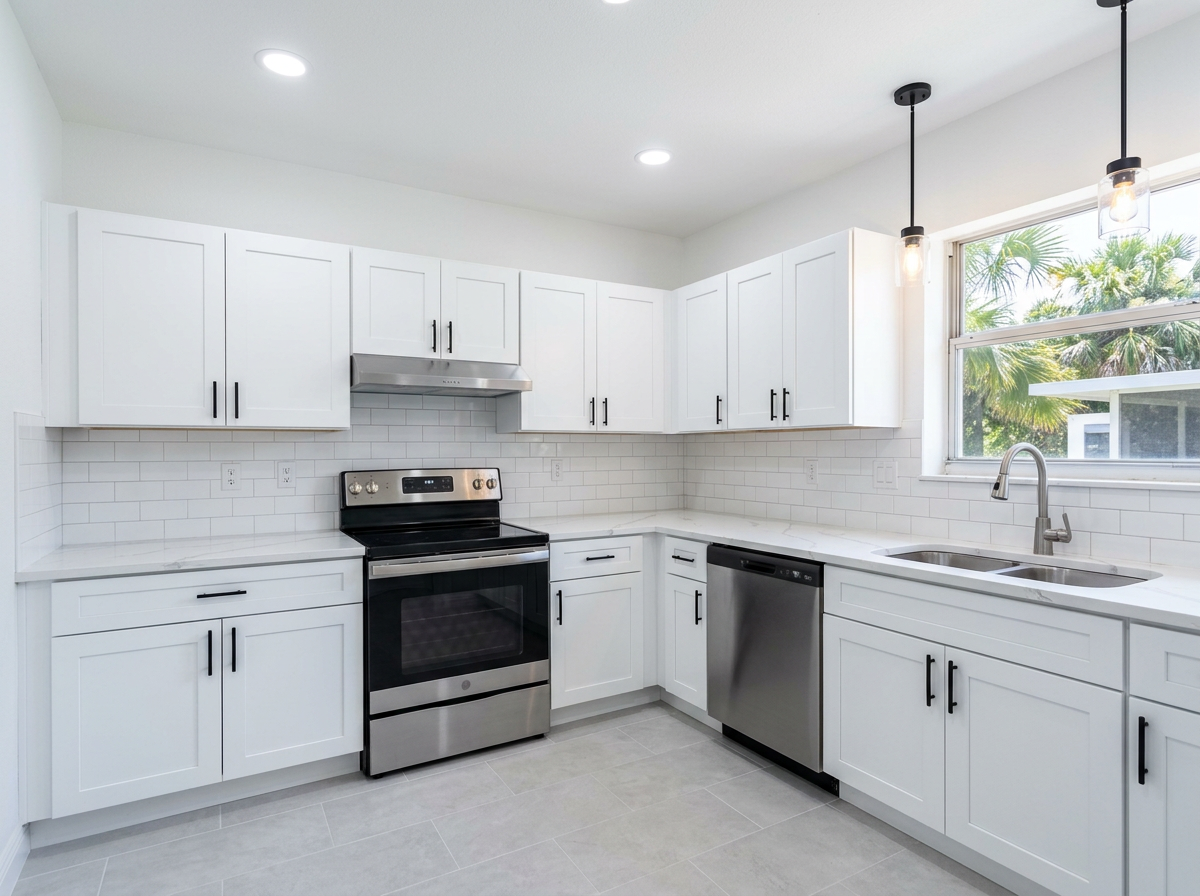 Renovated Miami kitchen with white shaker cabinets, quartz counters, and subway tile backsplash