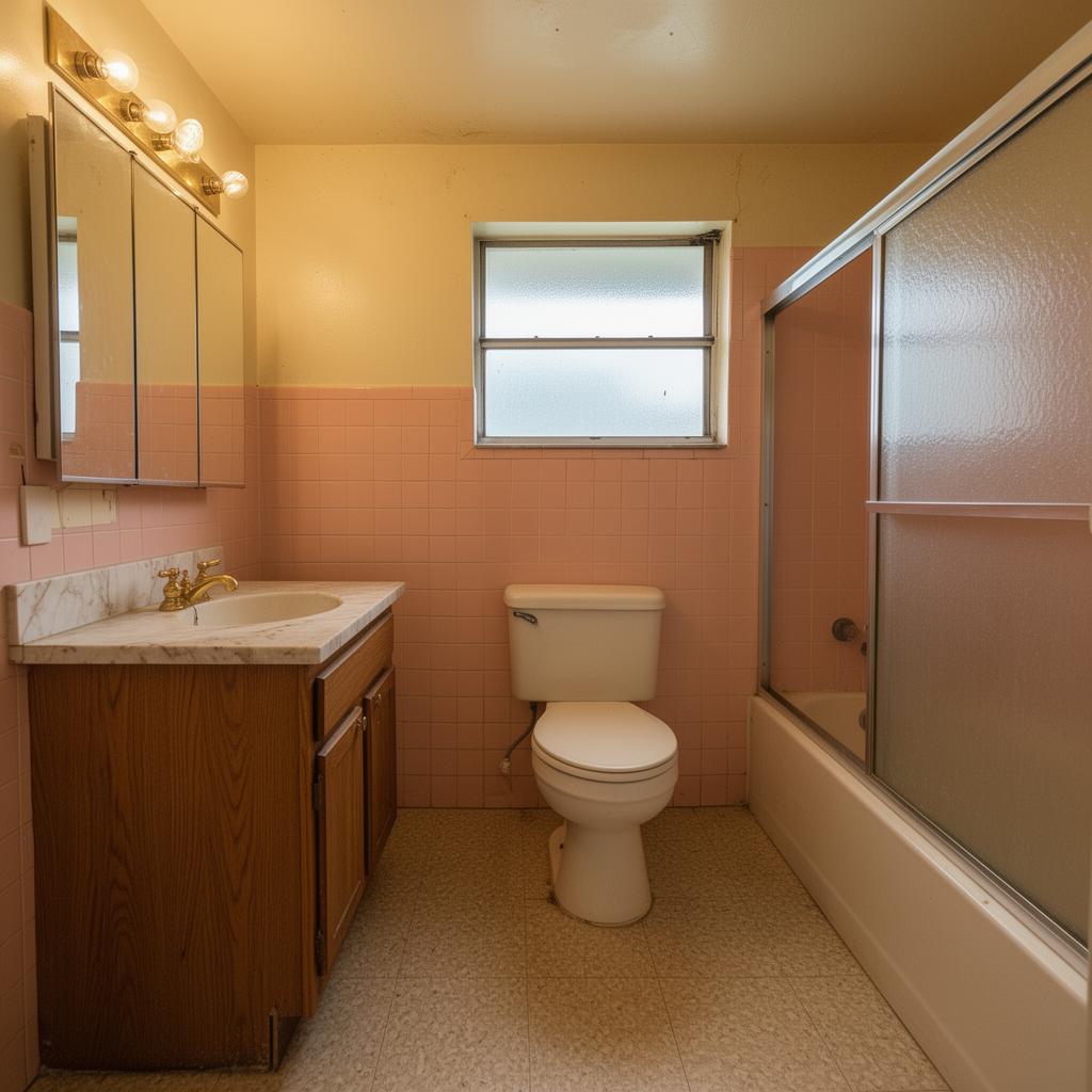 Dated Miami bathroom before renovation with pink tile and oak vanity