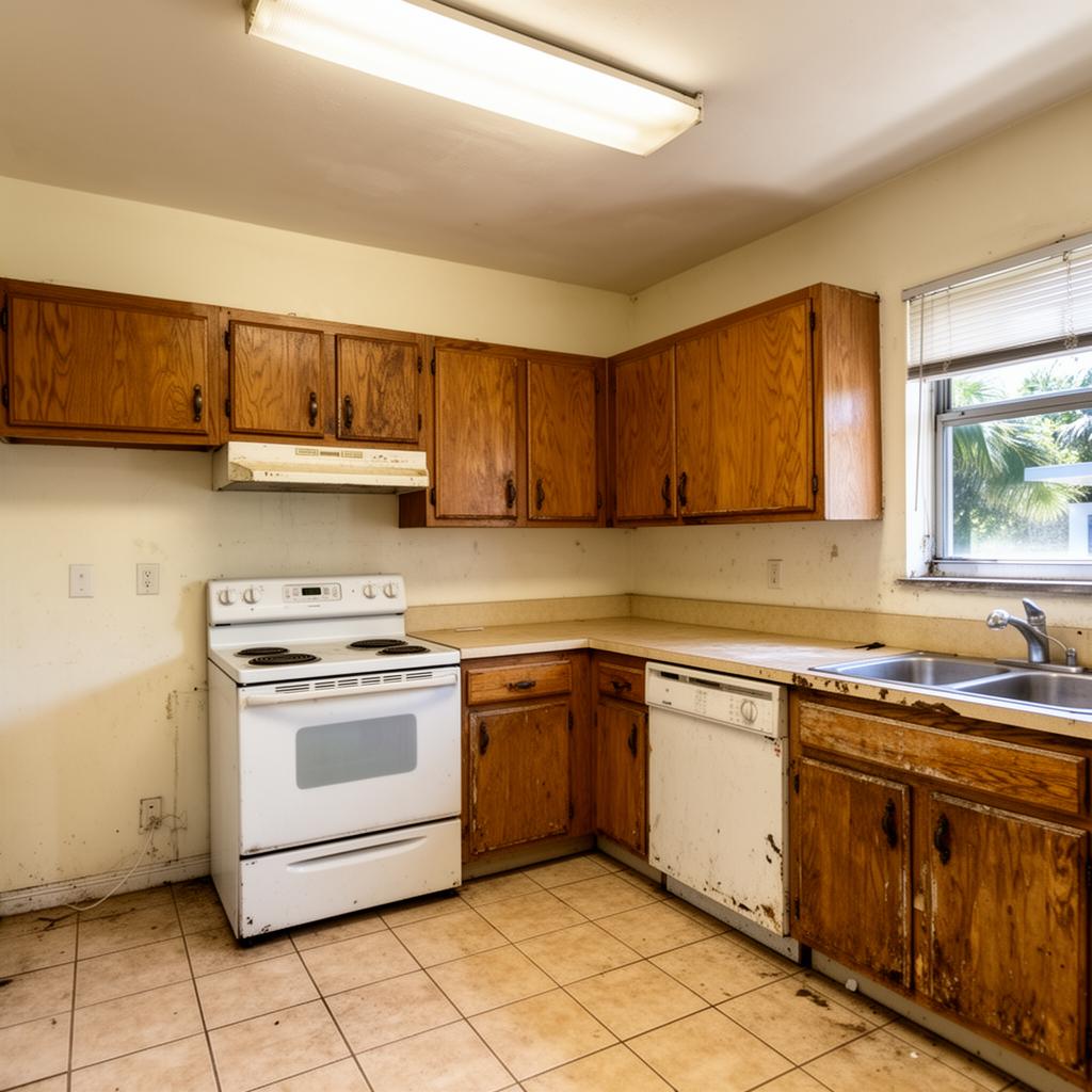 Outdated Miami kitchen before renovation with oak cabinets and worn laminate counters