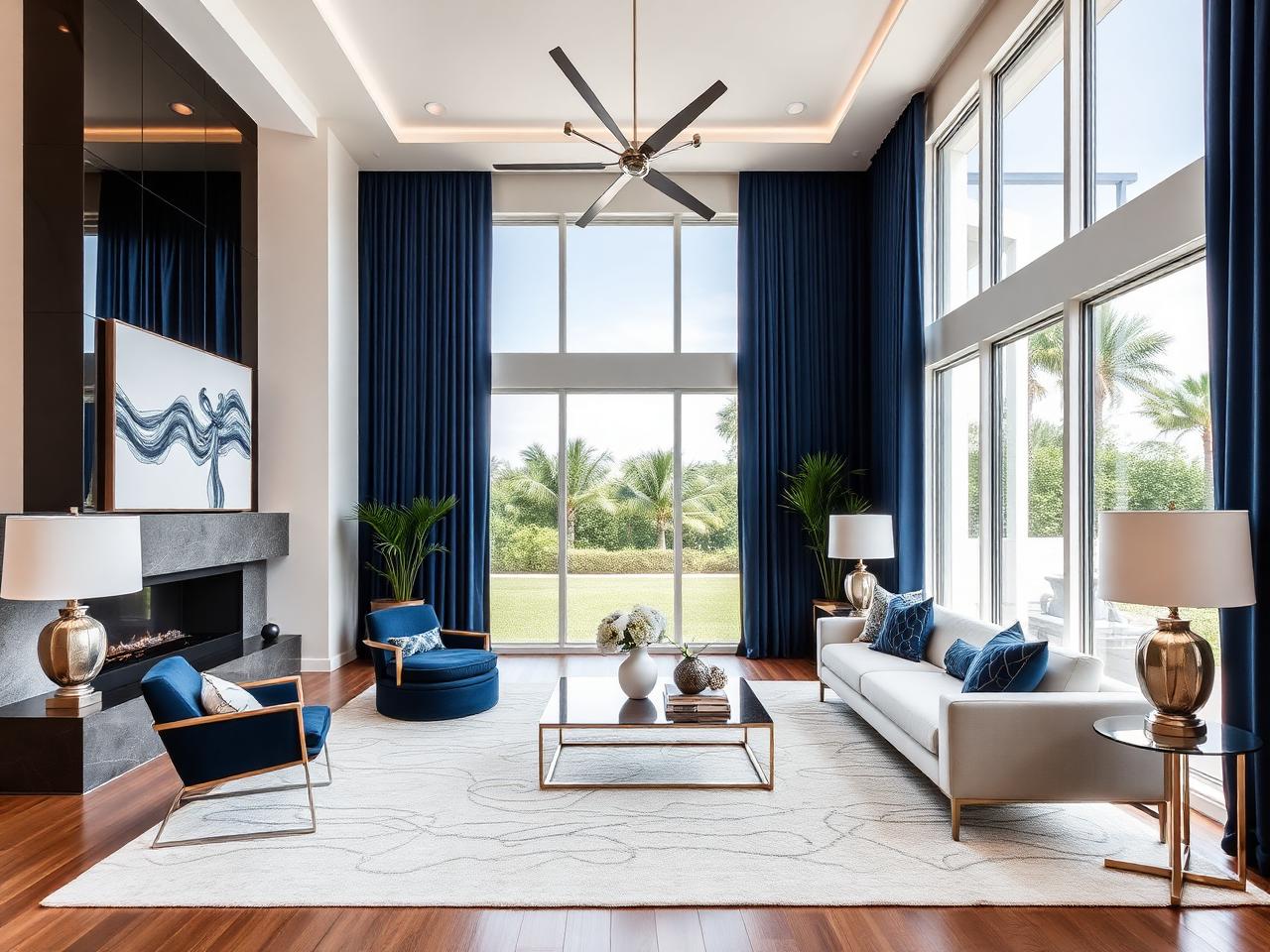 Modern South Florida living room renovation with navy accents